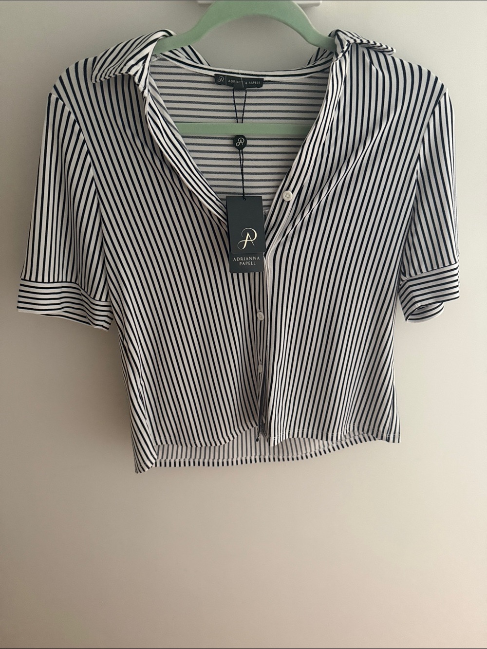 Adrianna Papell Black & White Striped Short Sleeve Button-Front Shirt
